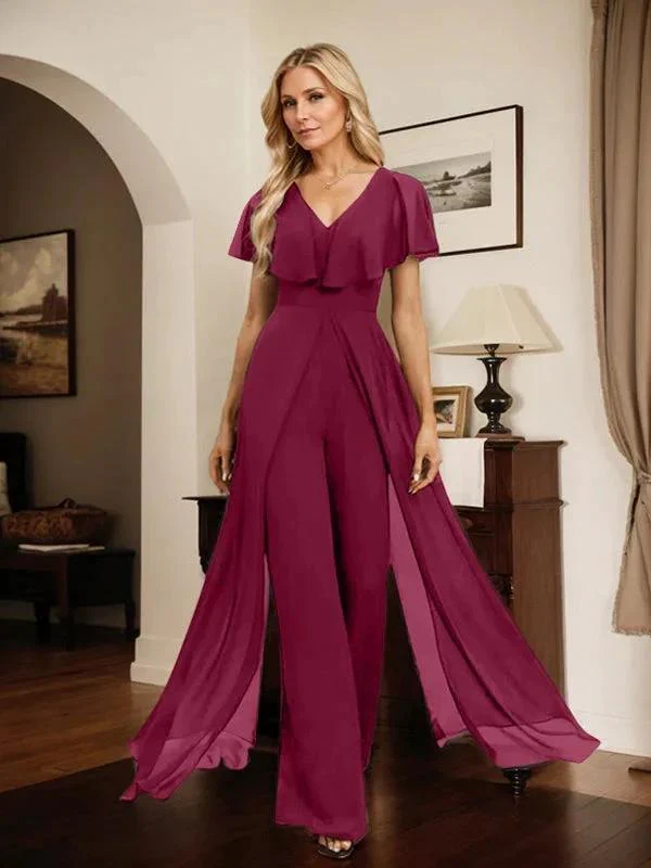 Jumpsuit/Pantsuit V-Neck Floor-Length Chiffon Evening Dress - Image 58