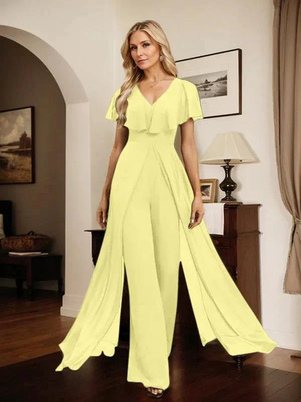 Jumpsuit/Pantsuit V-Neck Floor-Length Chiffon Evening Dress - Image 59