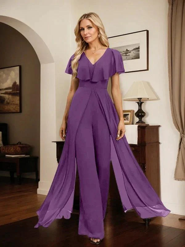 Jumpsuit/Pantsuit V-Neck Floor-Length Chiffon Evening Dress - Image 61