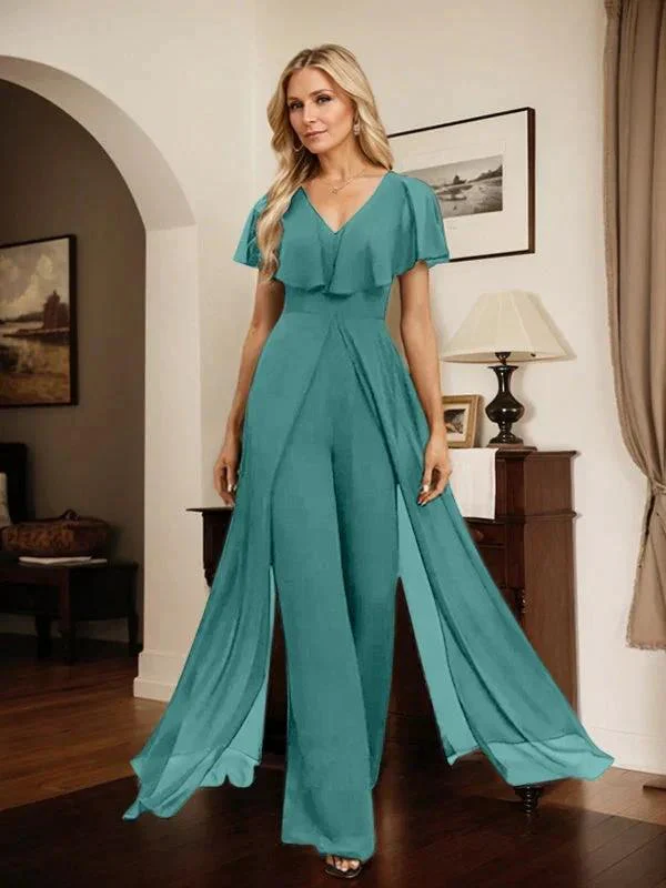 Jumpsuit/Pantsuit V-Neck Floor-Length Chiffon Evening Dress - Image 63