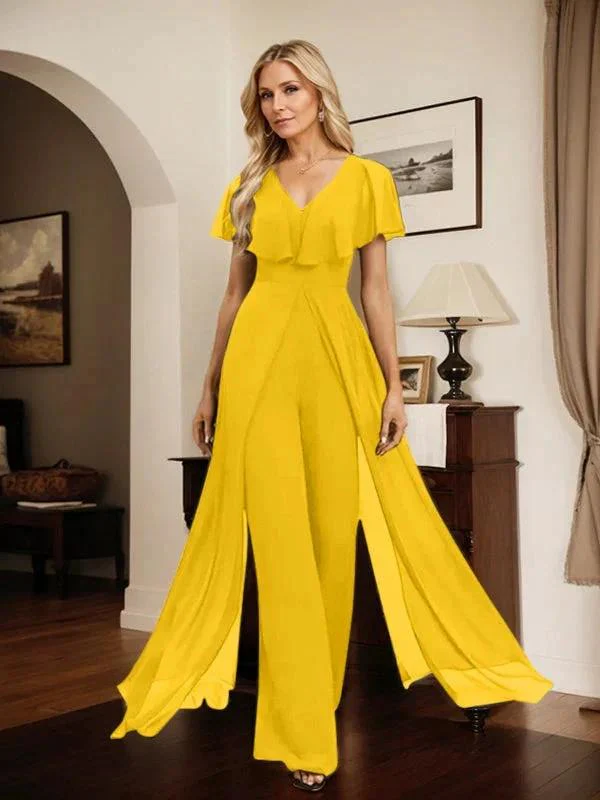 Jumpsuit/Pantsuit V-Neck Floor-Length Chiffon Evening Dress - Image 65