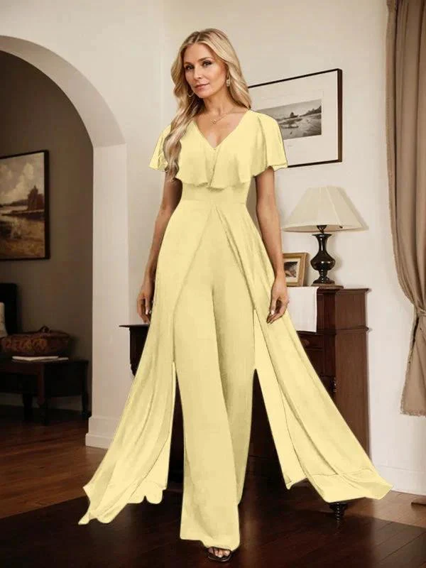 Jumpsuit/Pantsuit V-Neck Floor-Length Chiffon Evening Dress - Image 67