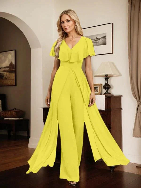 Jumpsuit/Pantsuit V-Neck Floor-Length Chiffon Evening Dress - Image 68