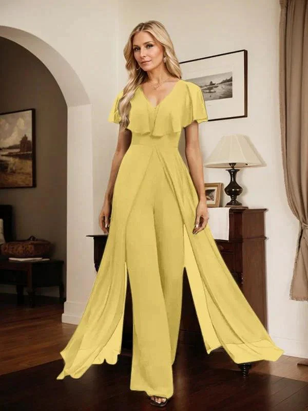Jumpsuit/Pantsuit V-Neck Floor-Length Chiffon Evening Dress - Image 69