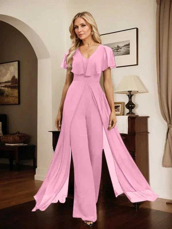 Jumpsuit/Pantsuit V-Neck Floor-Length Chiffon Evening Dress - Image 73