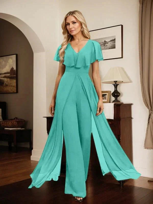 Jumpsuit/Pantsuit V-Neck Floor-Length Chiffon Evening Dress - Image 77