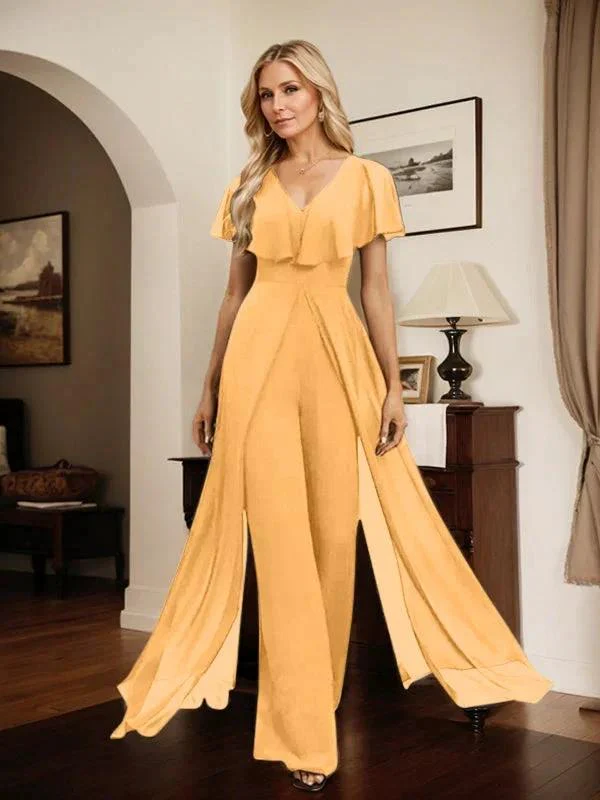 Jumpsuit/Pantsuit V-Neck Floor-Length Chiffon Evening Dress - Image 80