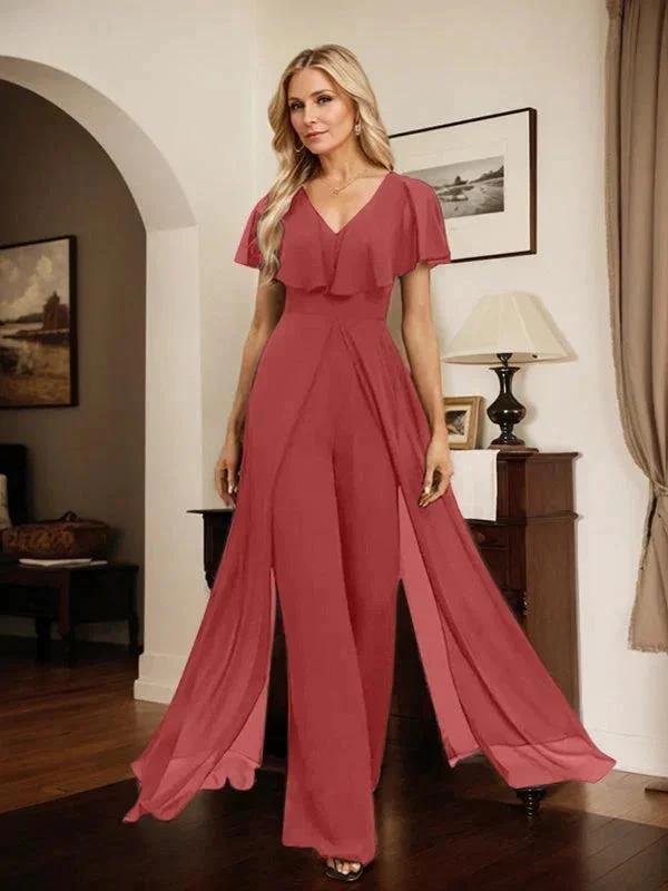 Jumpsuit/Pantsuit V-Neck Floor-Length Chiffon Evening Dress - Image 81
