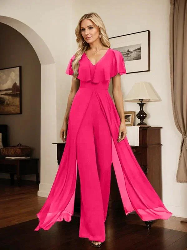 Jumpsuit/Pantsuit V-Neck Floor-Length Chiffon Evening Dress - Image 82