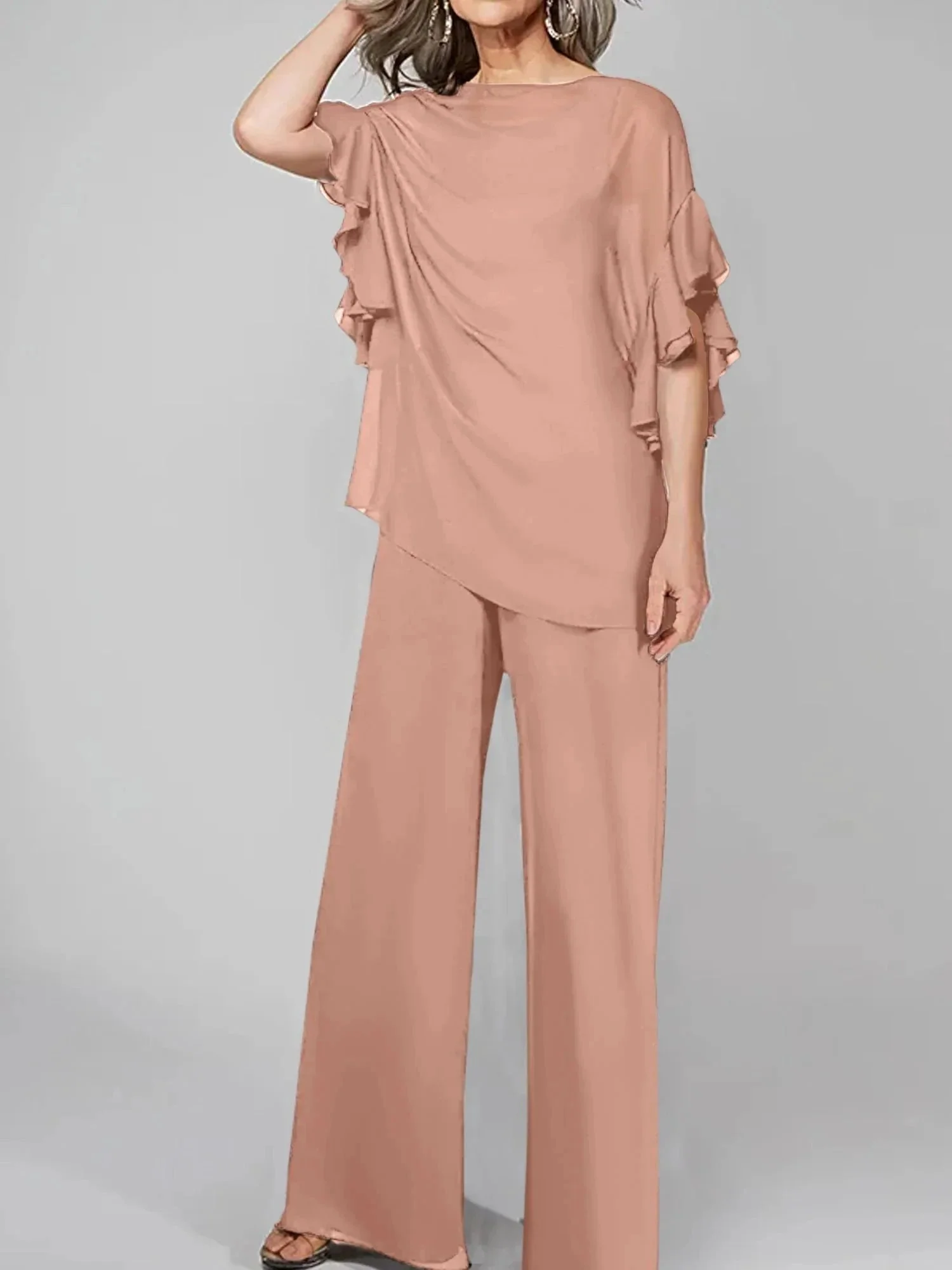 Jumpsuits Scoop Half Sleeves Chiffon Mother Of The Bride Pantsuits - Image 15