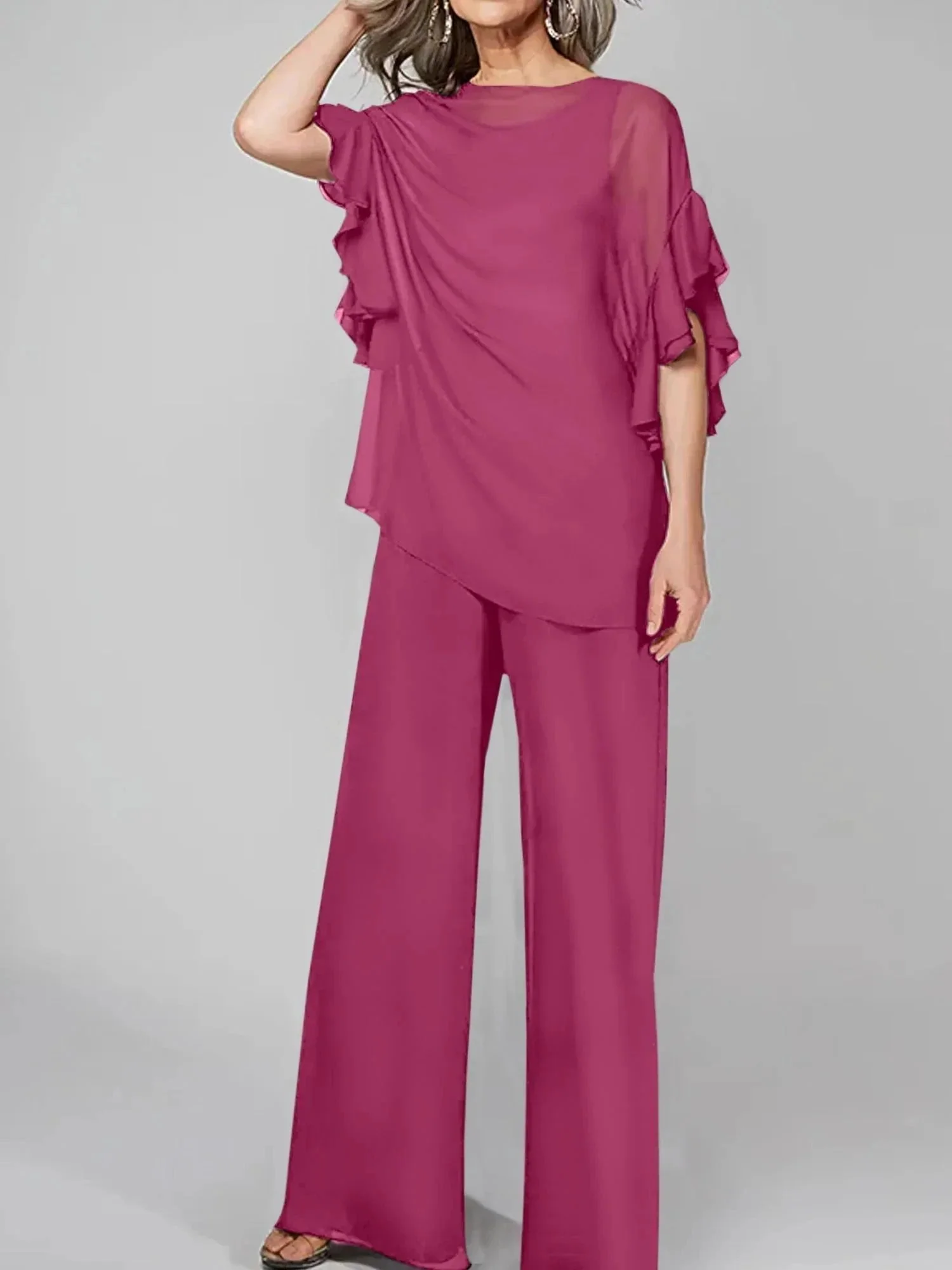 Jumpsuits Scoop Half Sleeves Chiffon Mother Of The Bride Pantsuits - Image 19