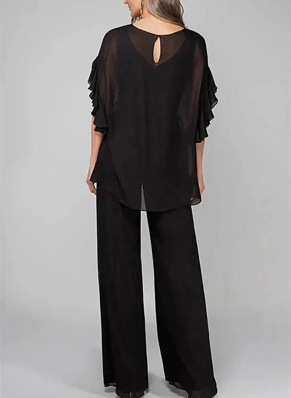 Jumpsuits Scoop Half Sleeves Chiffon Mother Of The Bride Pantsuits - Image 2