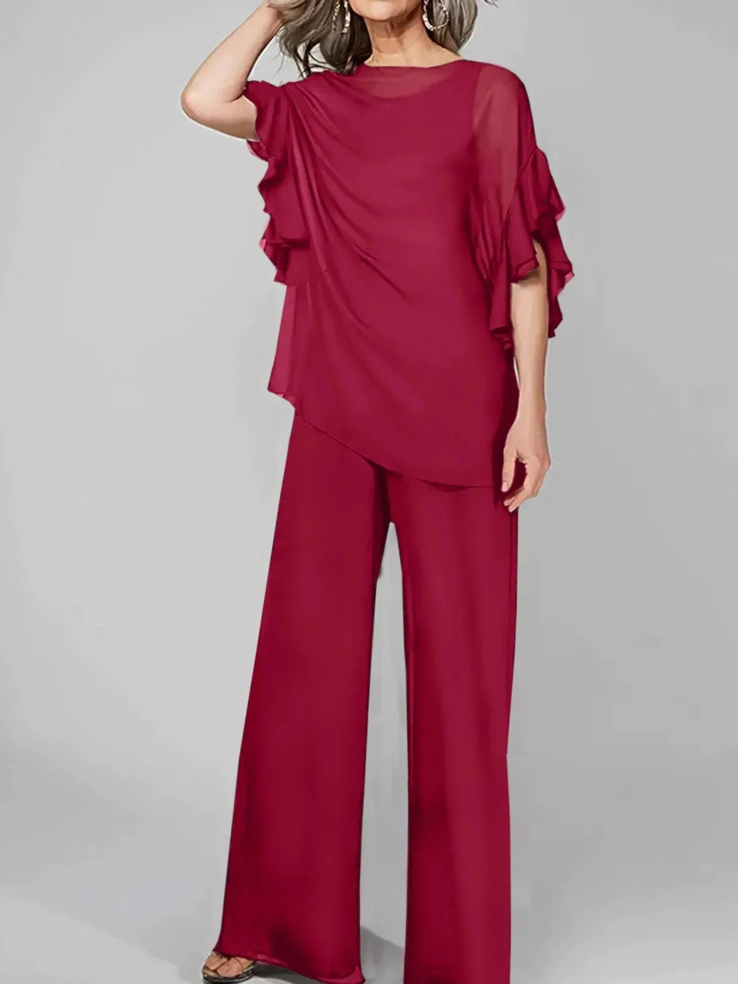 Jumpsuits Scoop Half Sleeves Chiffon Mother Of The Bride Pantsuits - Image 25