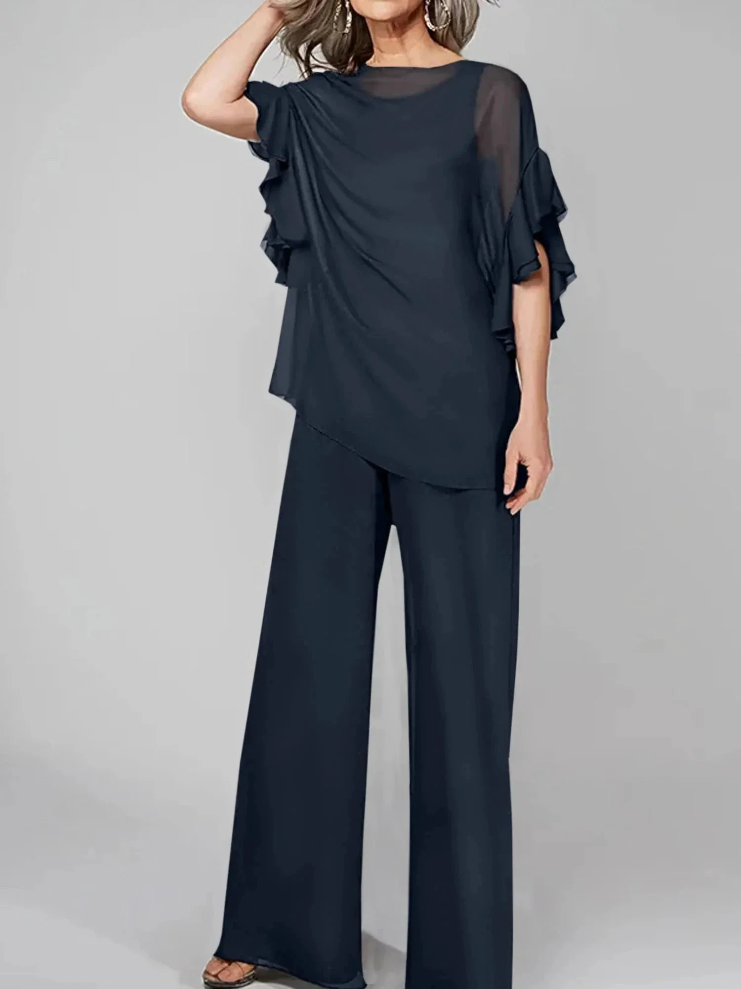 Jumpsuits Scoop Half Sleeves Chiffon Mother Of The Bride Pantsuits - Image 30