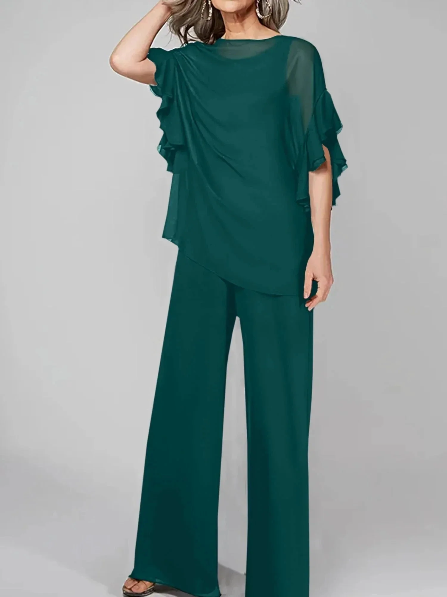 Jumpsuits Scoop Half Sleeves Chiffon Mother Of The Bride Pantsuits - Image 35