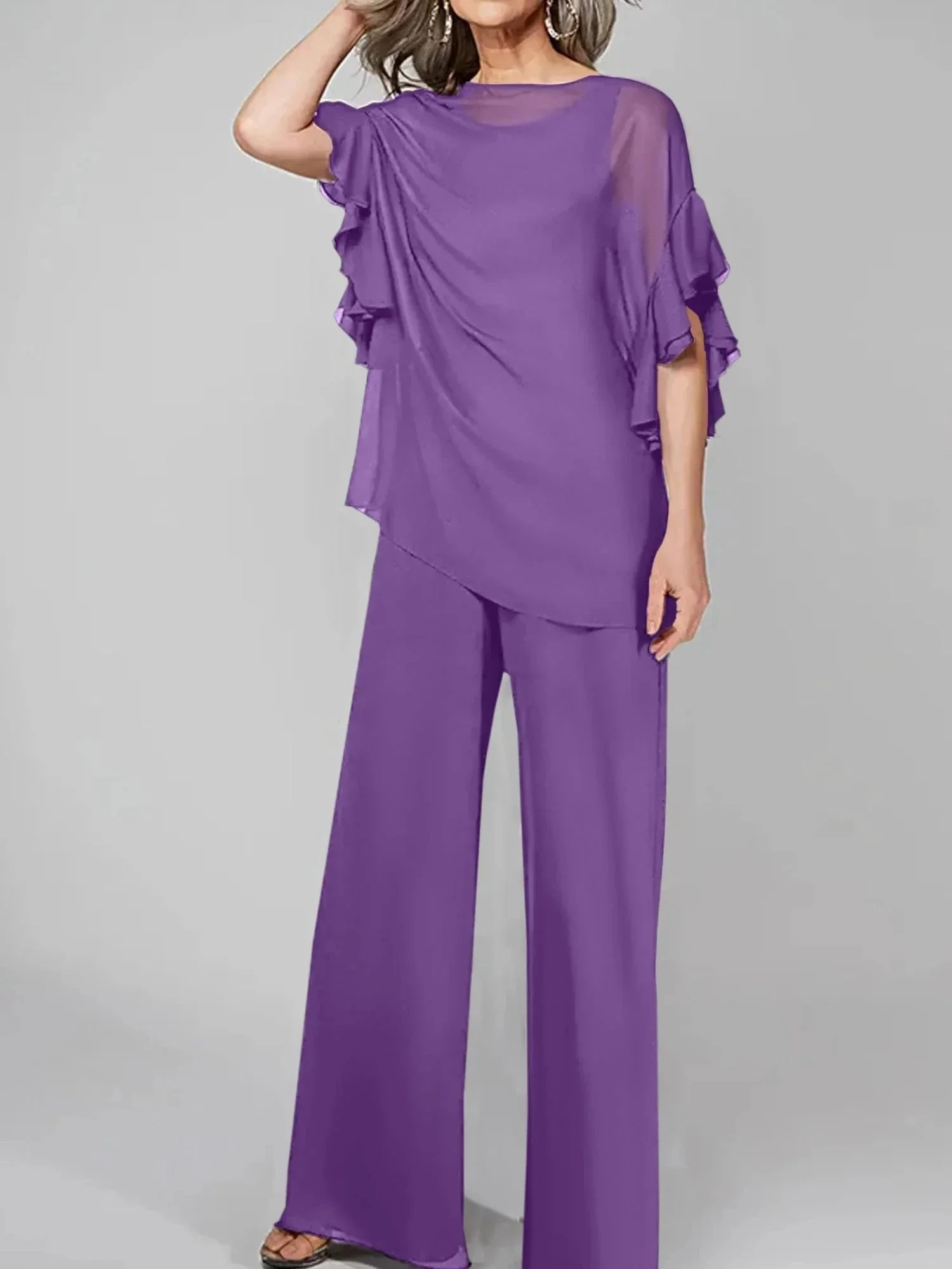 Jumpsuits Scoop Half Sleeves Chiffon Mother Of The Bride Pantsuits - Image 37