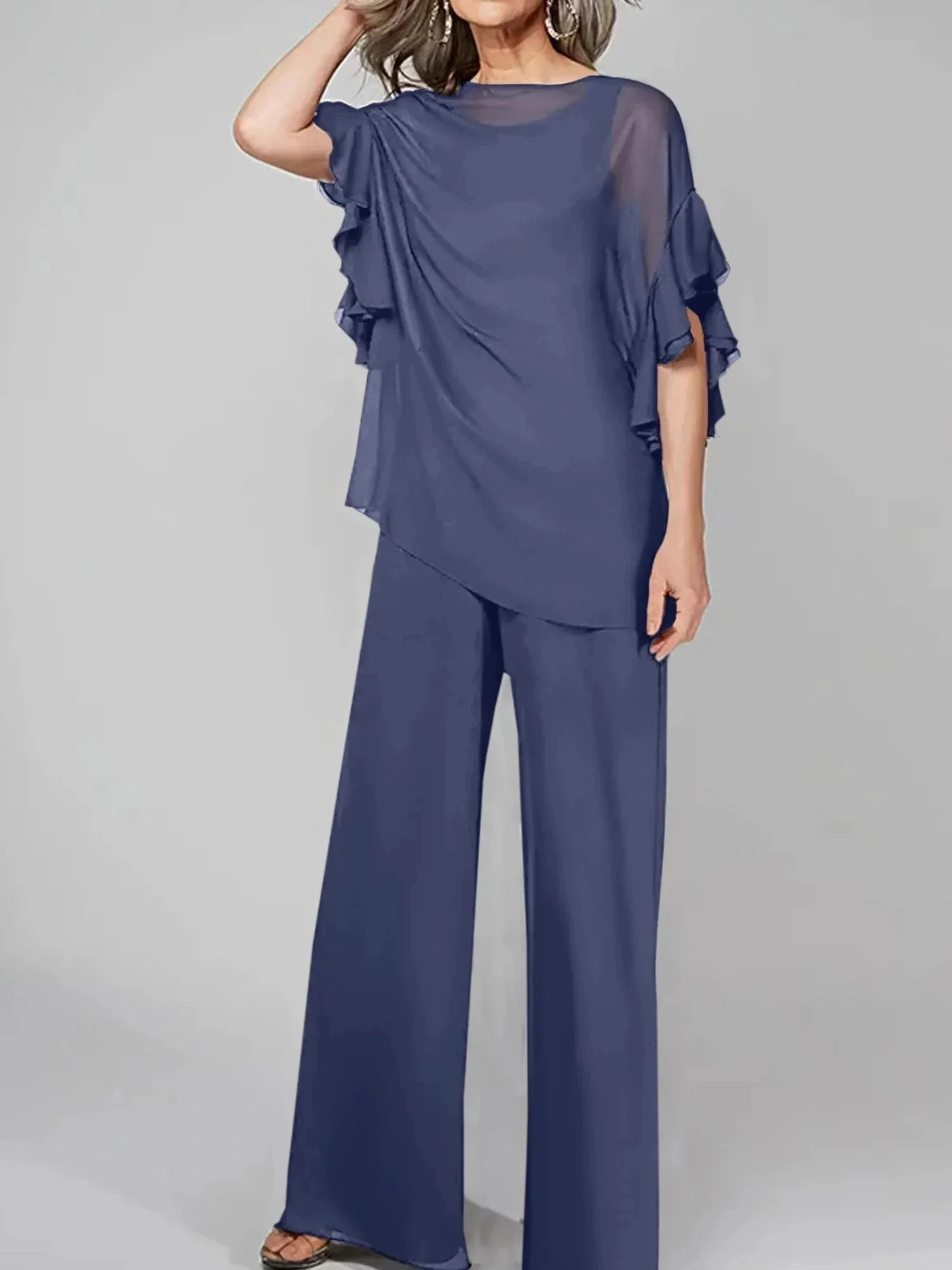 Jumpsuits Scoop Half Sleeves Chiffon Mother Of The Bride Pantsuits - Image 46