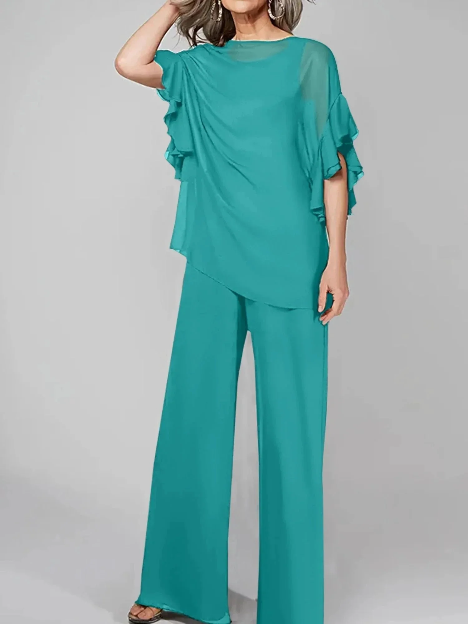 Jumpsuits Scoop Half Sleeves Chiffon Mother Of The Bride Pantsuits - Image 53