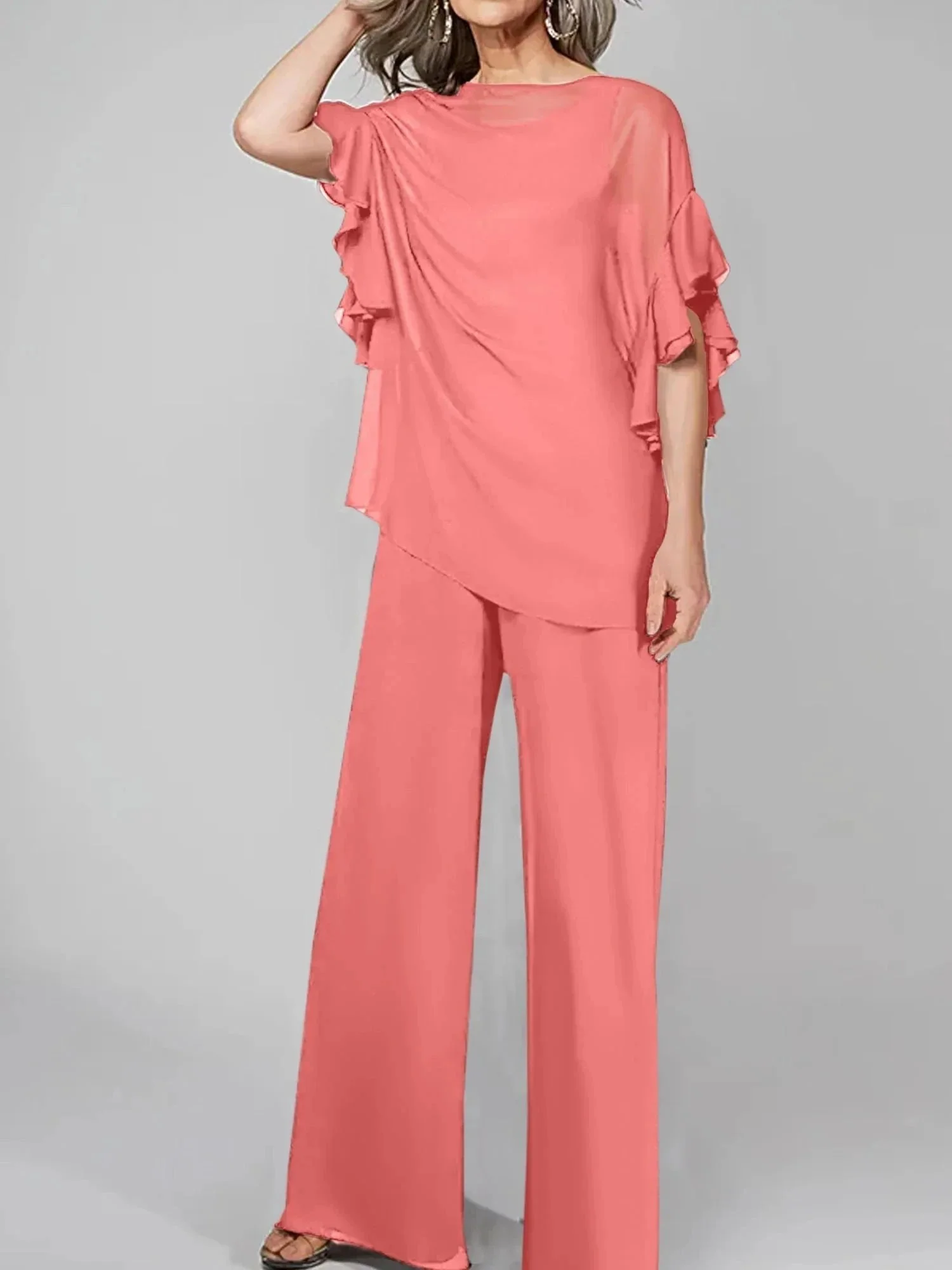 Jumpsuits Scoop Half Sleeves Chiffon Mother Of The Bride Pantsuits - Image 57