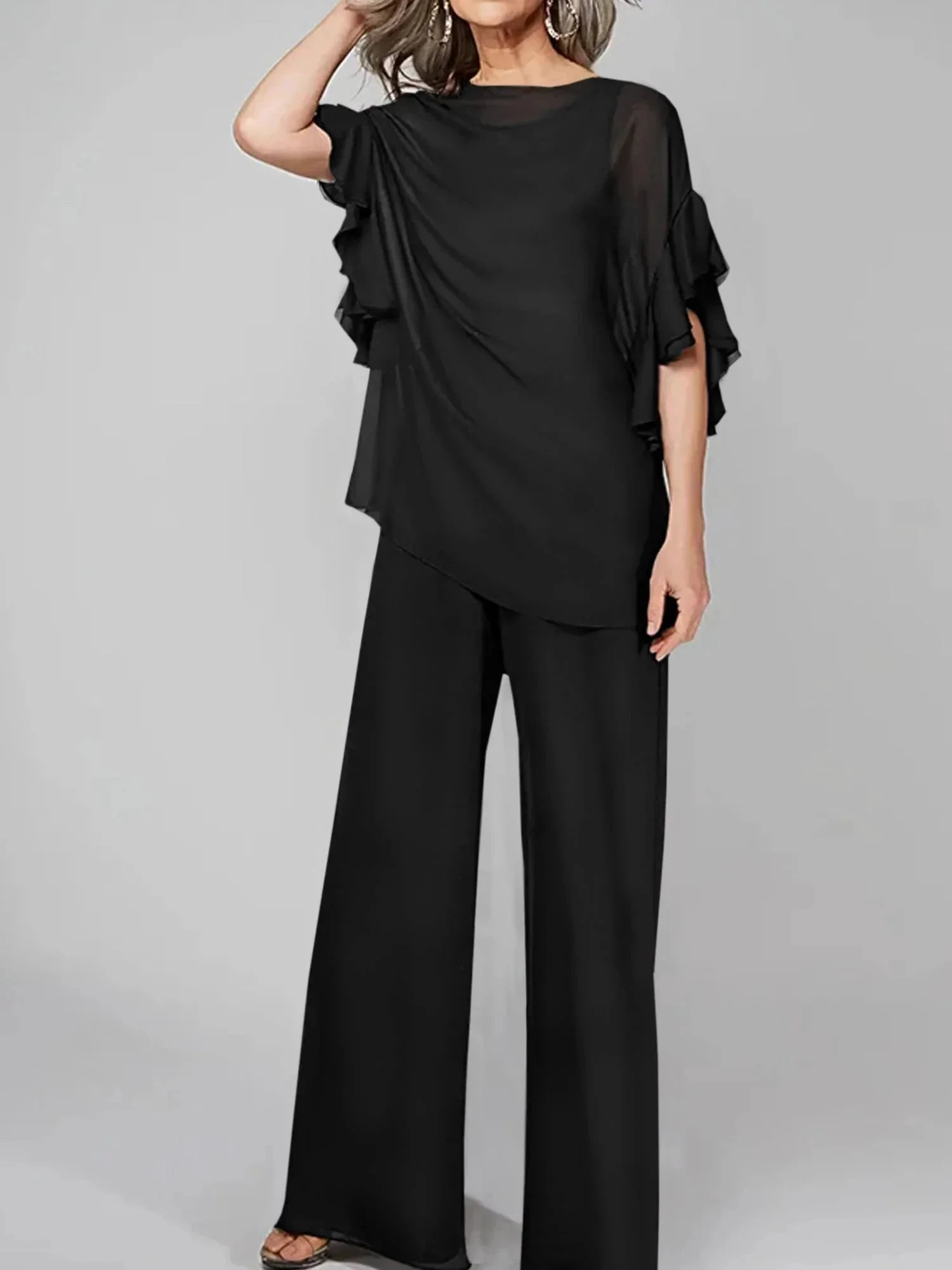 Jumpsuits Scoop Half Sleeves Chiffon Mother Of The Bride Pantsuits - Image 6