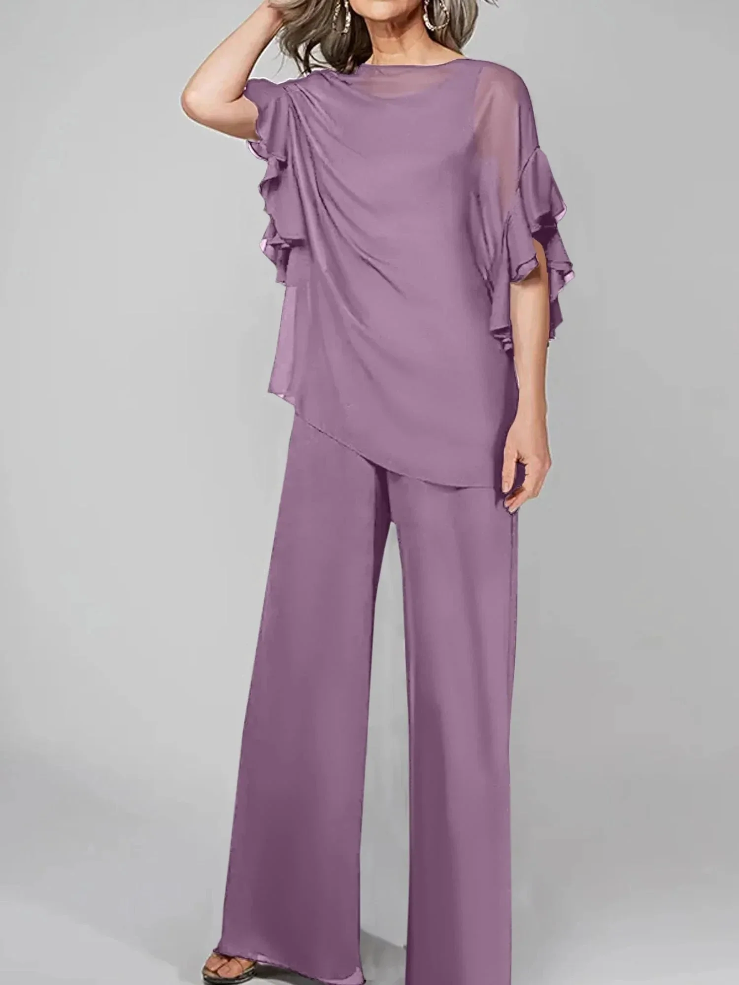 Jumpsuits Scoop Half Sleeves Chiffon Mother Of The Bride Pantsuits - Image 61