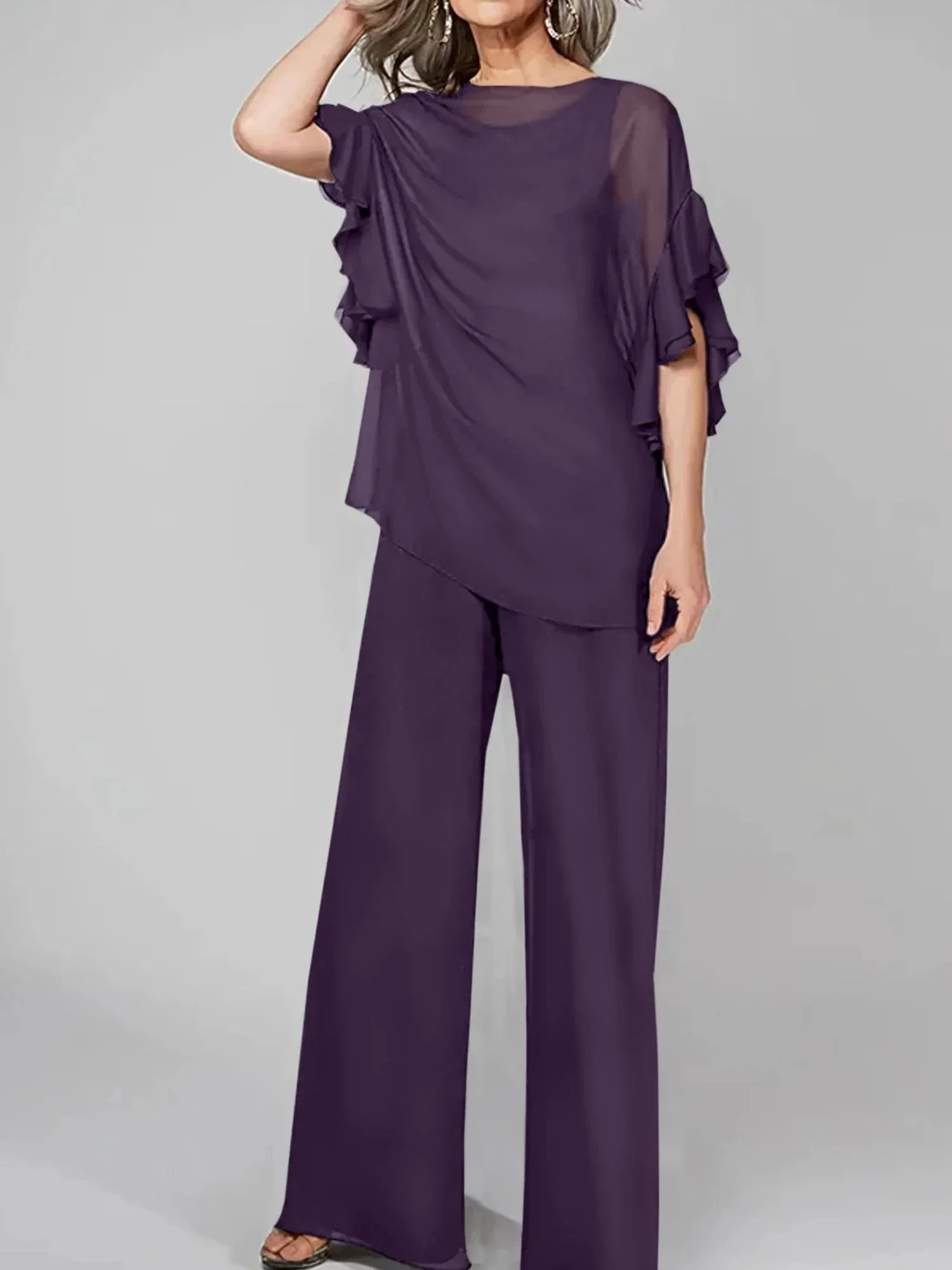 Jumpsuits Scoop Half Sleeves Chiffon Mother Of The Bride Pantsuits - Image 68