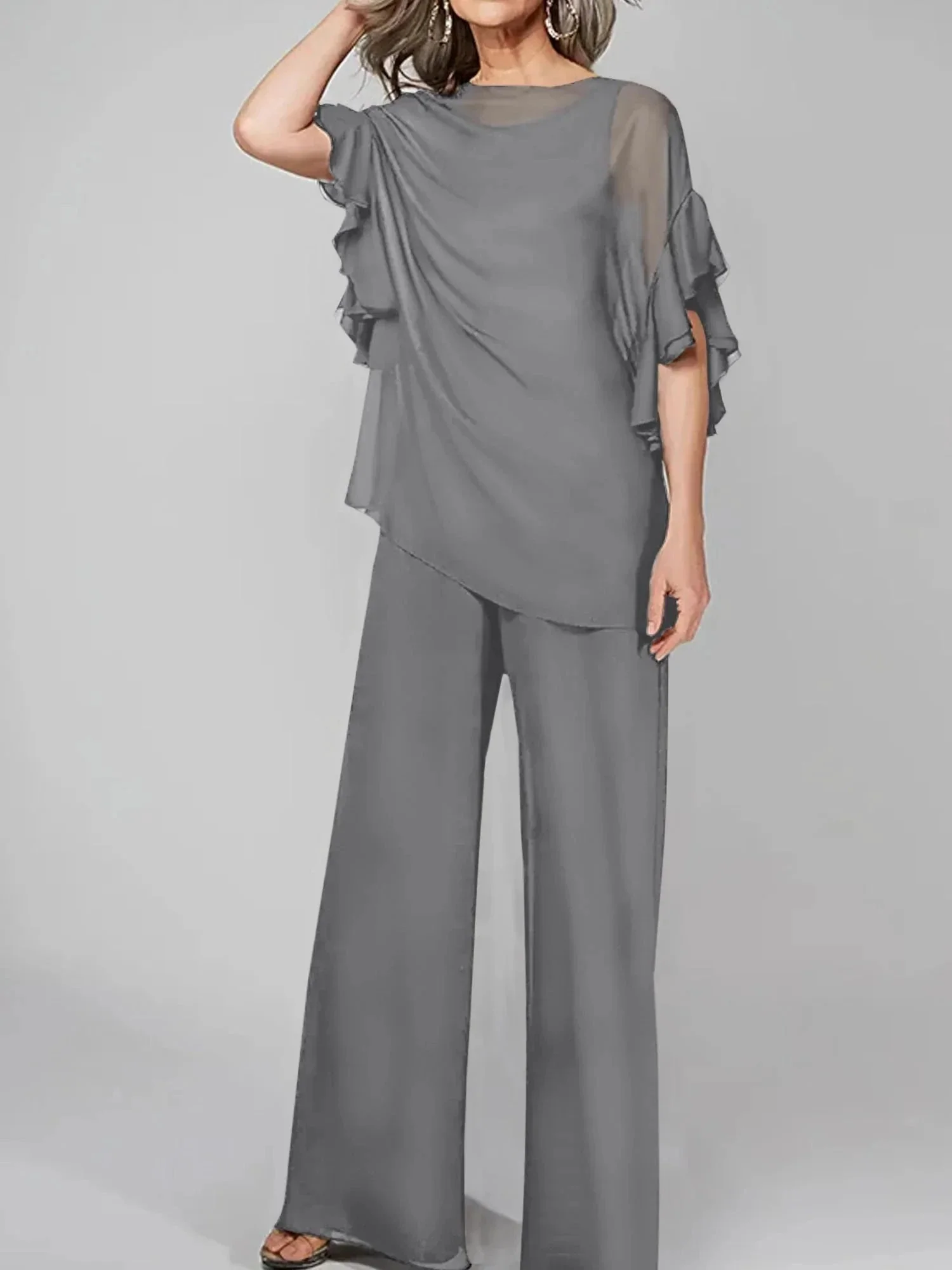 Jumpsuits Scoop Half Sleeves Chiffon Mother Of The Bride Pantsuits - Image 69