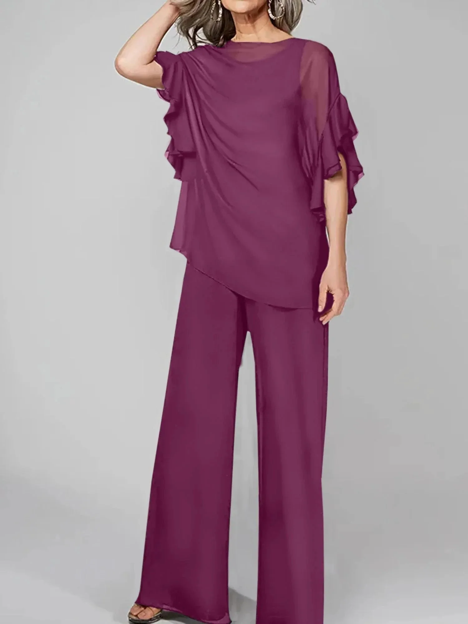 Jumpsuits Scoop Half Sleeves Chiffon Mother Of The Bride Pantsuits - Image 81