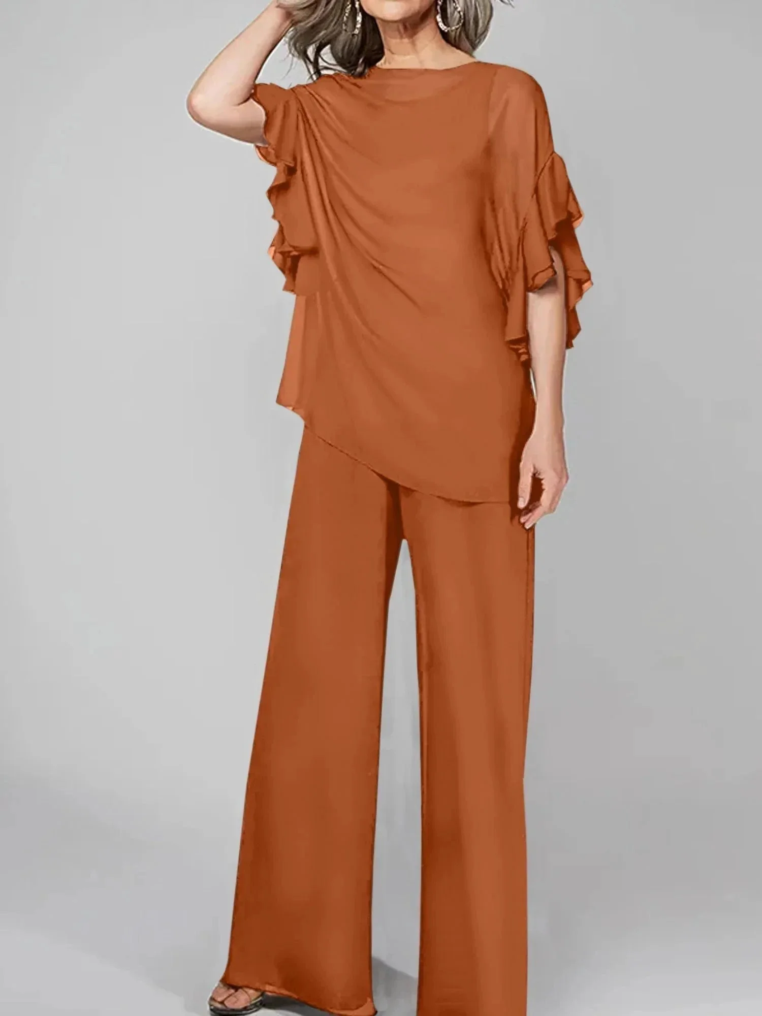 Jumpsuits Scoop Half Sleeves Chiffon Mother Of The Bride Pantsuits - Image 9