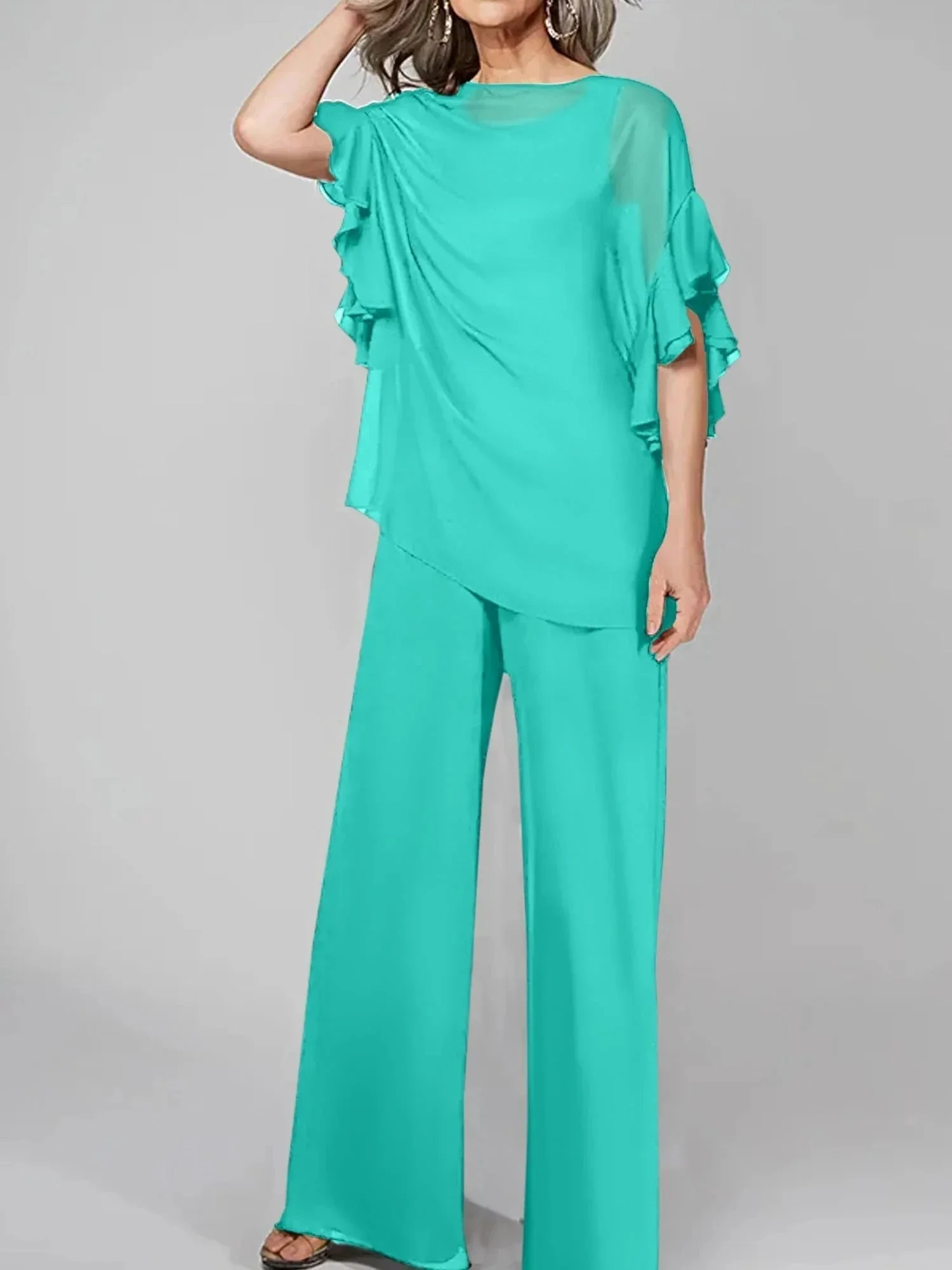 Jumpsuits Scoop Half Sleeves Chiffon Mother Of The Bride Pantsuits - Image 96