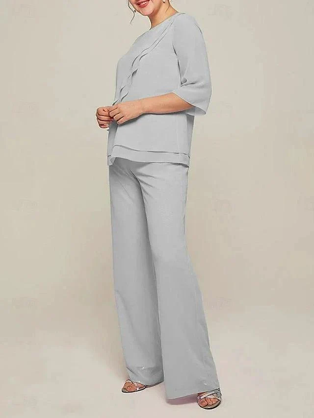 Jumpsuits Scoop Half Sleeves Chiffon Mother Of The Bride Pantsuits with Ruffles - Image 2