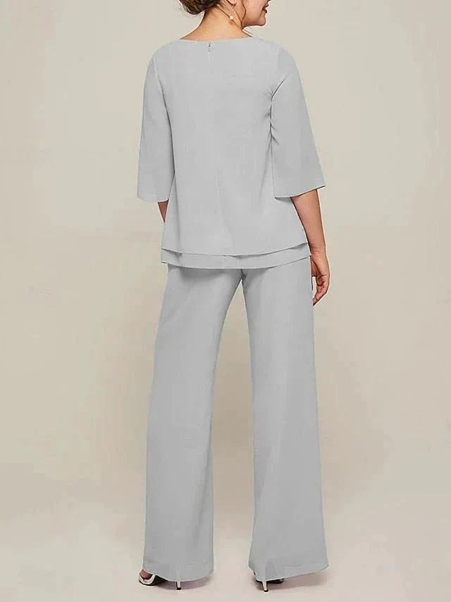 Jumpsuits Scoop Half Sleeves Chiffon Mother Of The Bride Pantsuits with Ruffles - Image 3