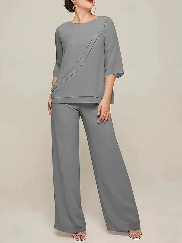 Jumpsuits Scoop Half Sleeves Chiffon Mother Of The Bride Pantsuits with Ruffles - Image 5
