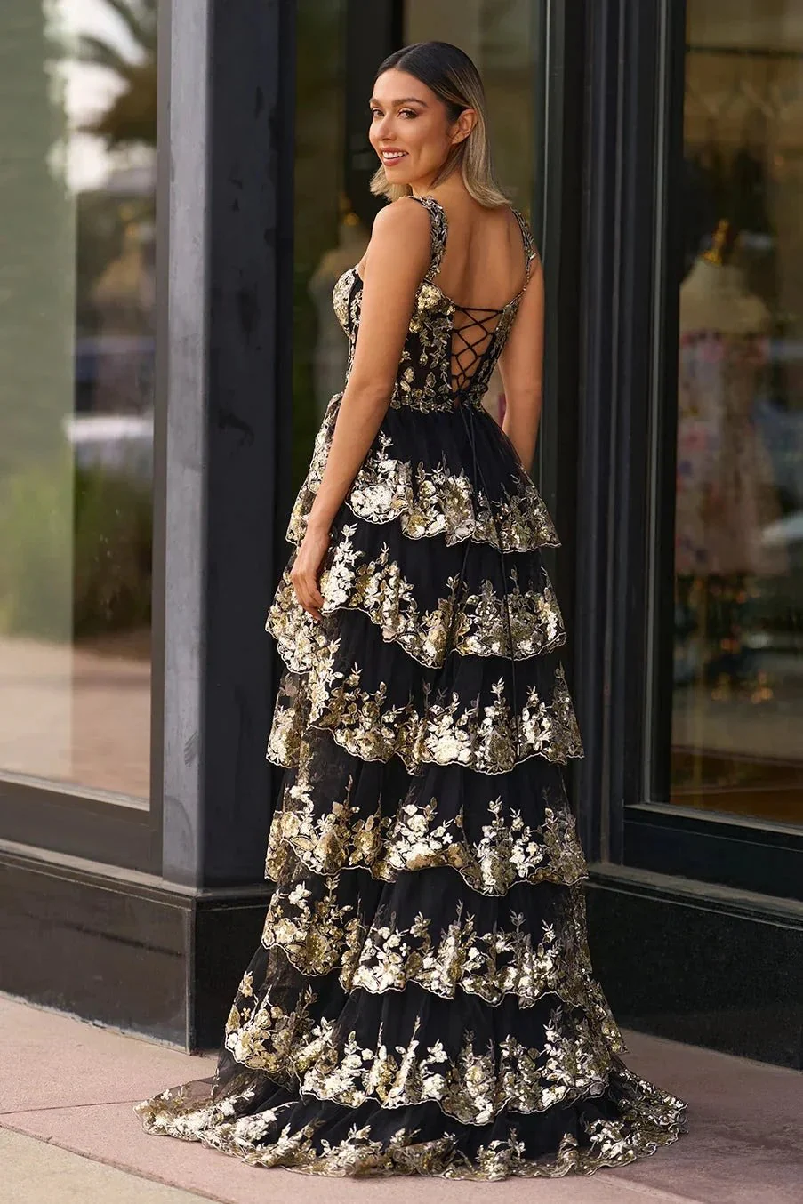 Kaira | Gold Off the Shoulder Sequin Long Prom Dress with Slit - Image 2