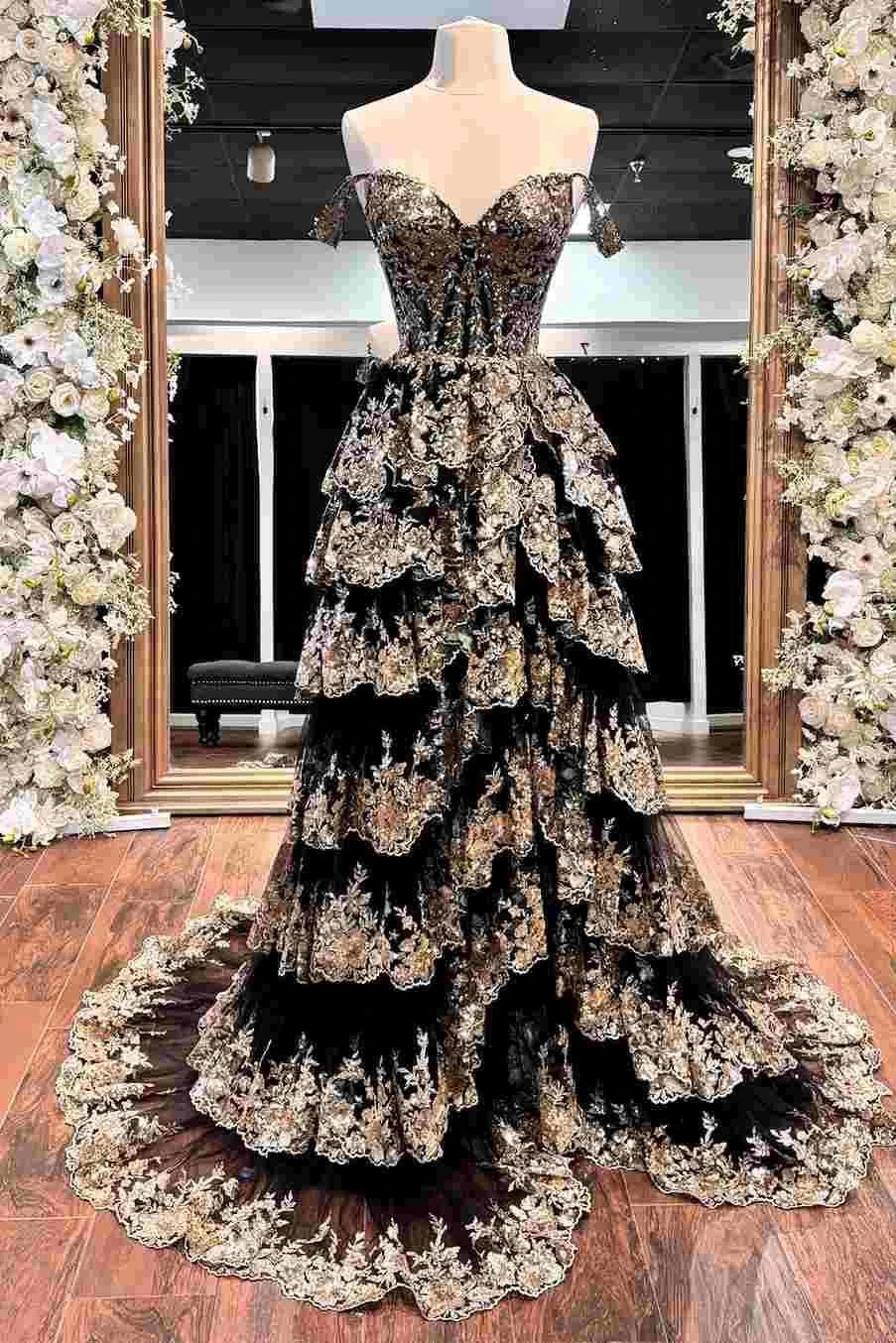 Kaira | Gold Off the Shoulder Sequin Long Prom Dress with Slit - Image 4