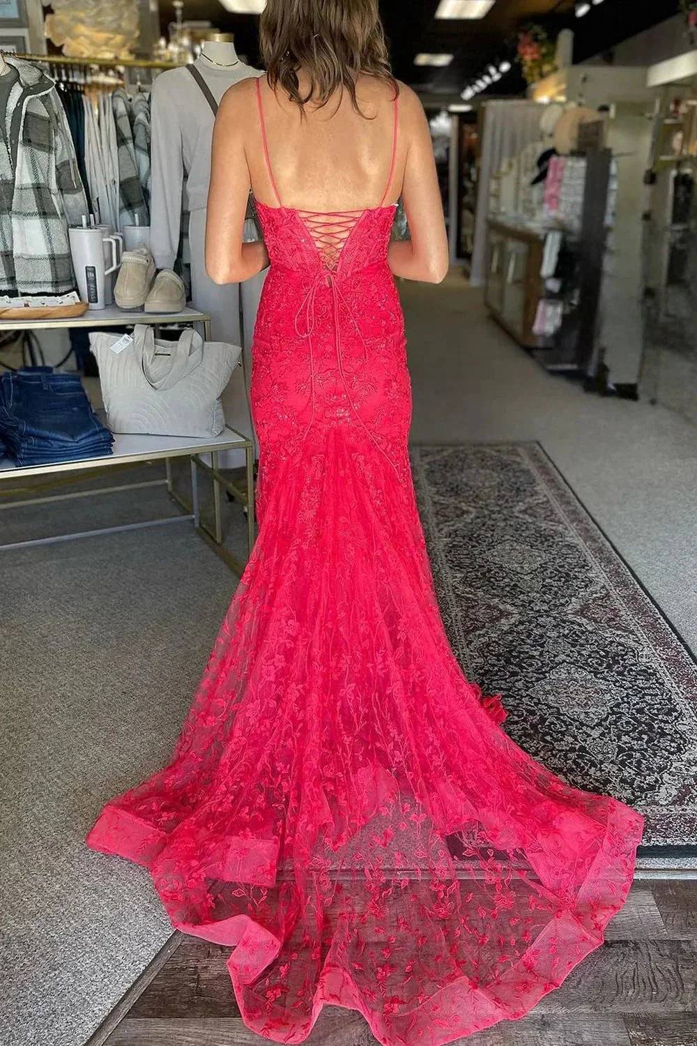 Kanika | Hot Pink V Neck Mermaid Lace Prom Dresses - Image 2