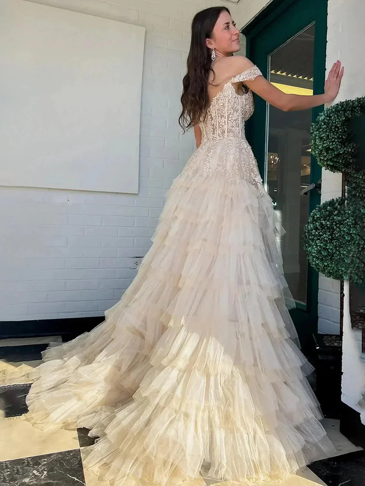 Kashi | Champagne Off the Shoulder Tulle Prom Dress With Appliques - Image 2
