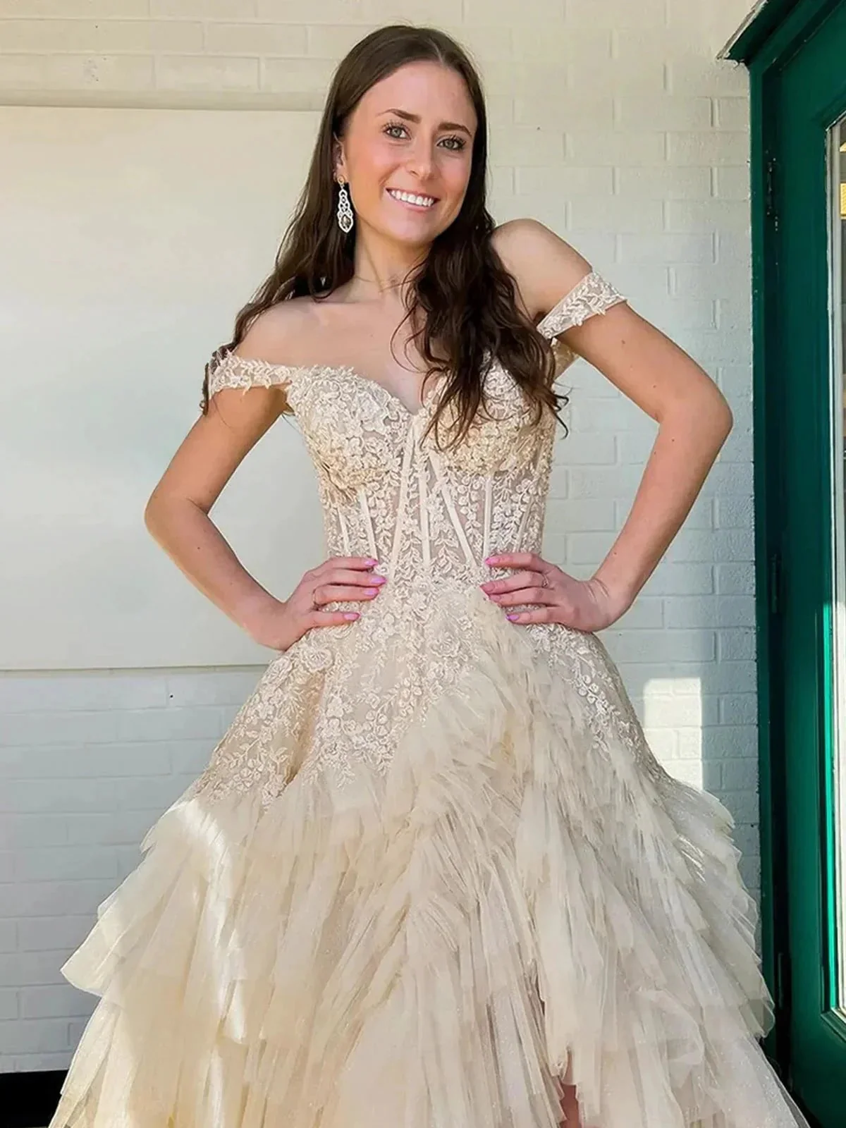 Kashi | Champagne Off the Shoulder Tulle Prom Dress With Appliques - Image 4