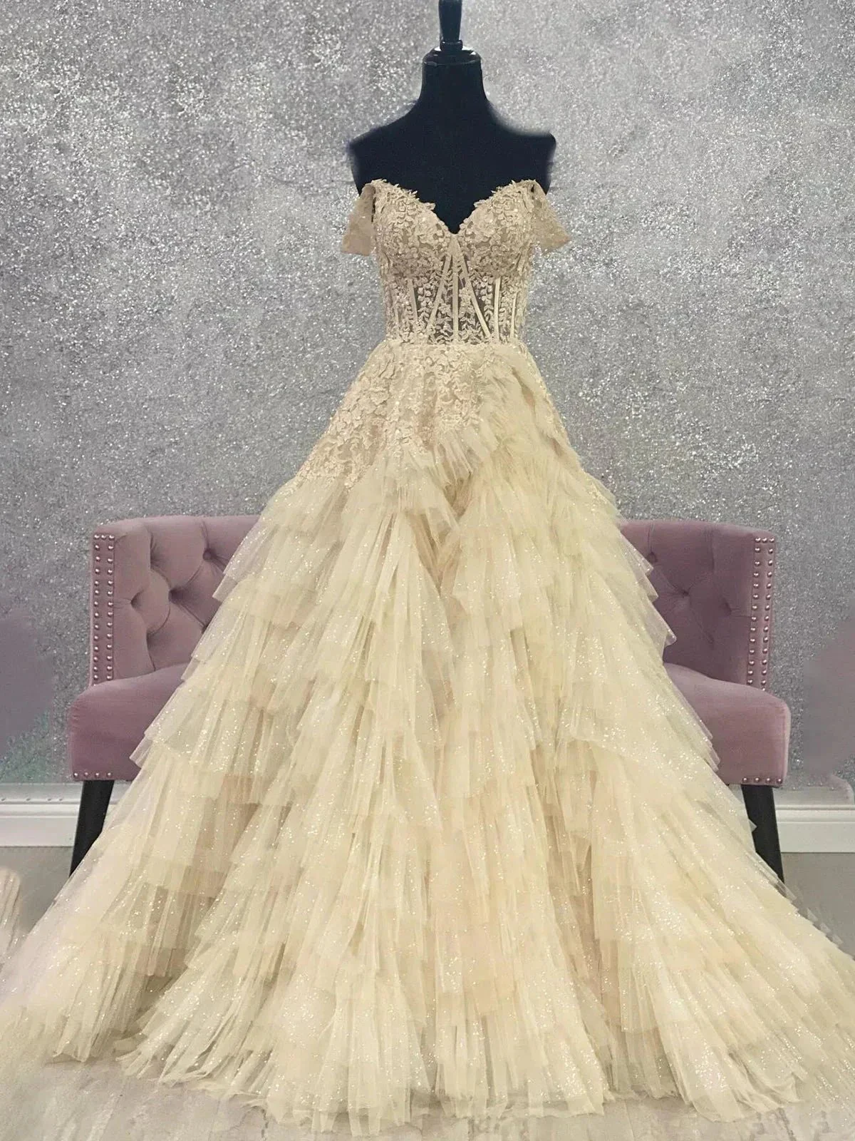Kashi | Champagne Off the Shoulder Tulle Prom Dress With Appliques - Image 5