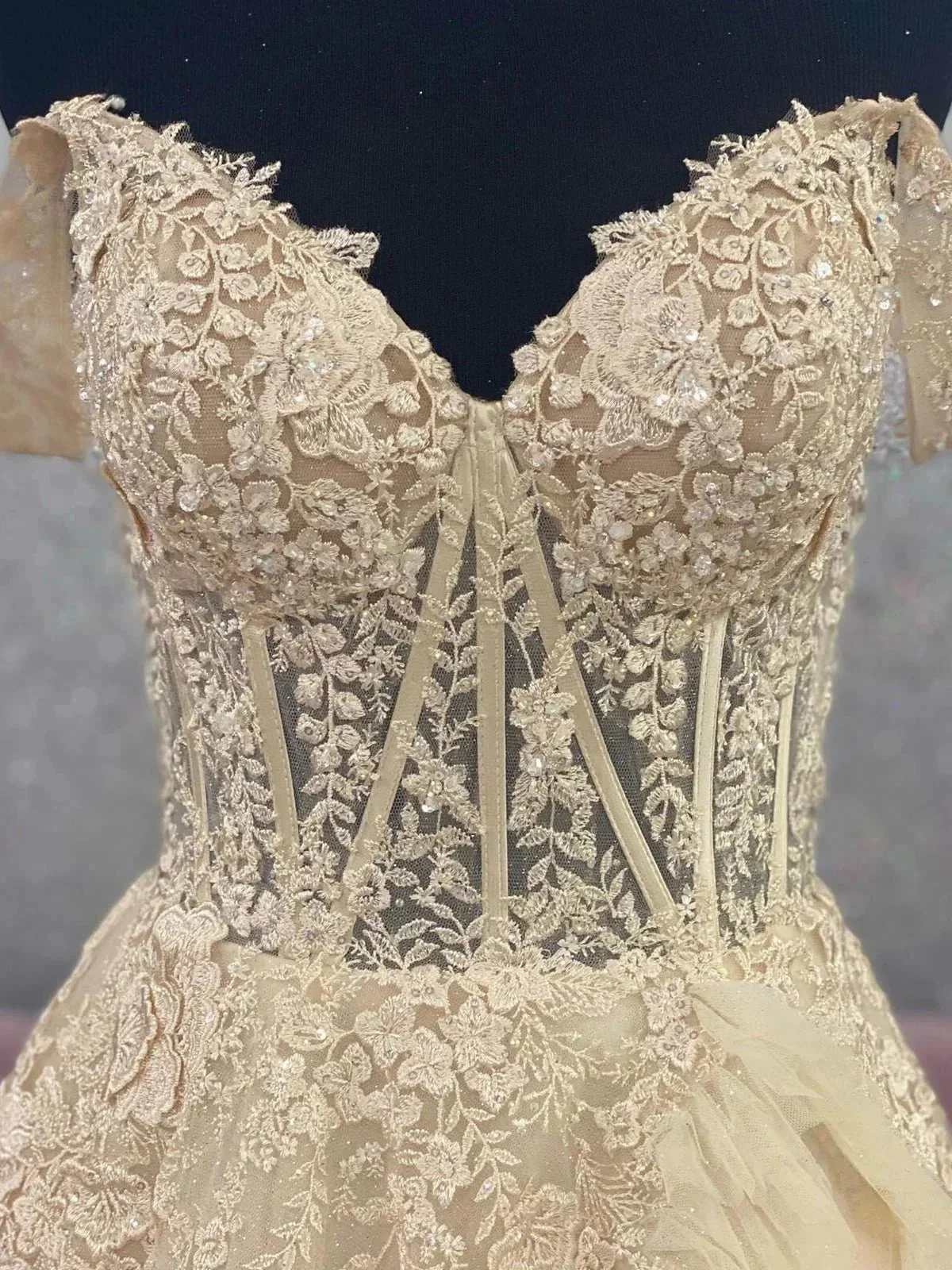 Kashi | Champagne Off the Shoulder Tulle Prom Dress With Appliques - Image 6
