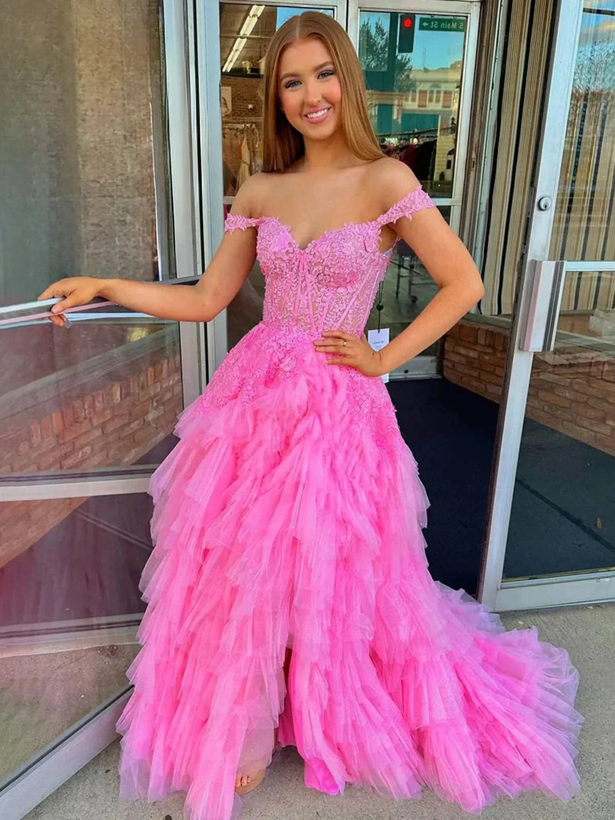 Kashi | Champagne Off the Shoulder Tulle Prom Dress With Appliques - Image 7