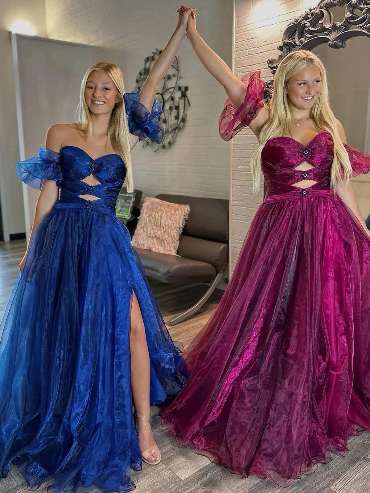 Keilani | Royal Blue Strapless Keyhole Balloon Sleeves Long Prom Dress - Image 3
