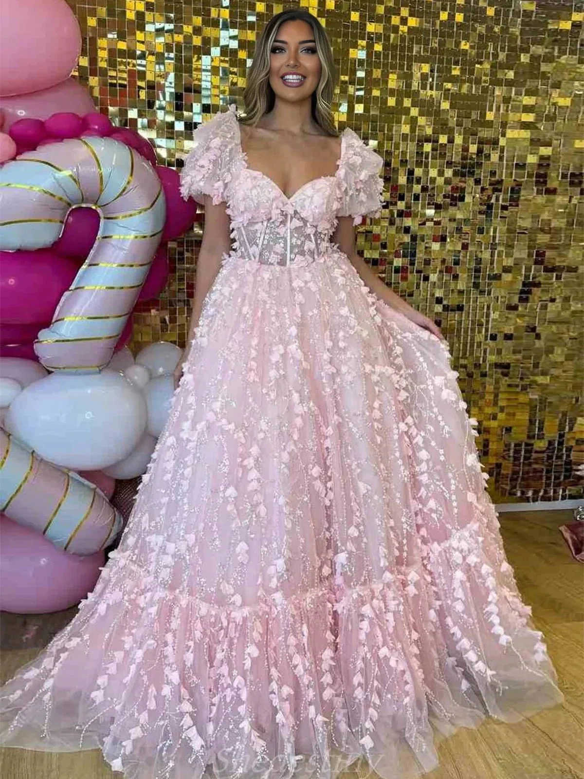 Keisha | Princess Pink Sweetheart Puffy Sleeeves Prom Dress with 3D Flower - Image 2