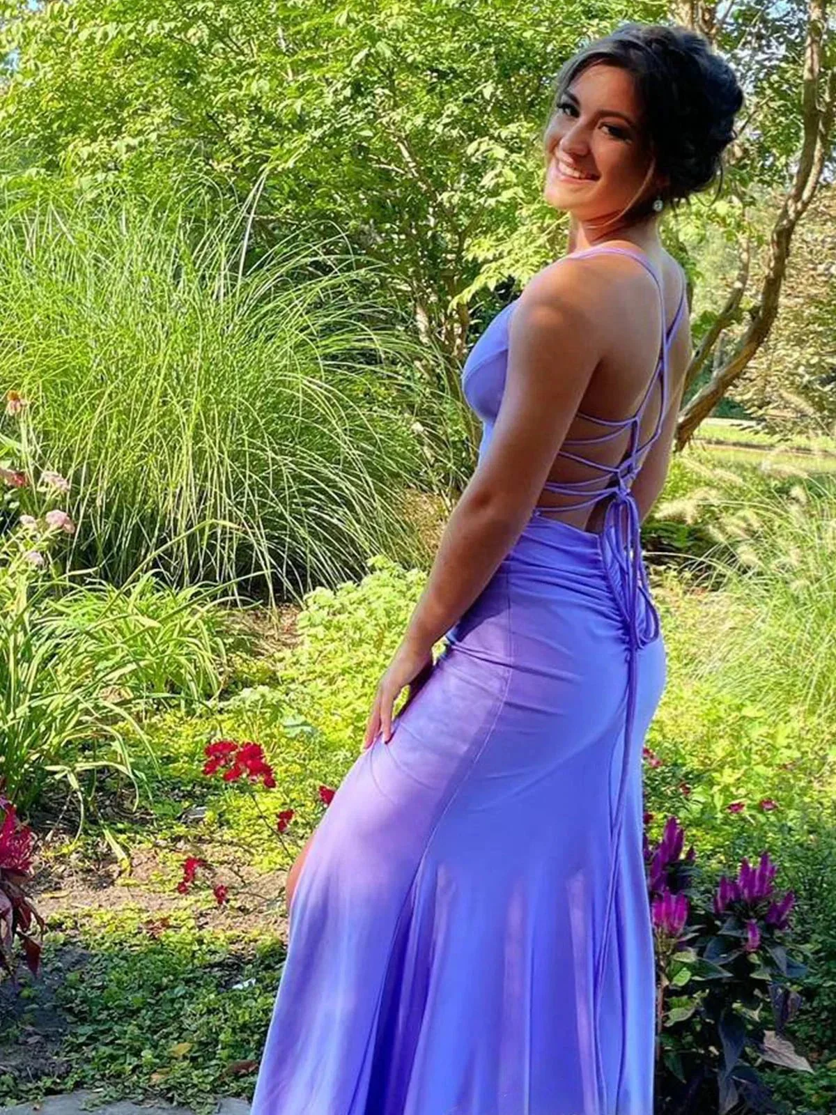 Kenny | Lilac Straps Sheath Mermaid Prom Dress with Lace-up Back - Image 2
