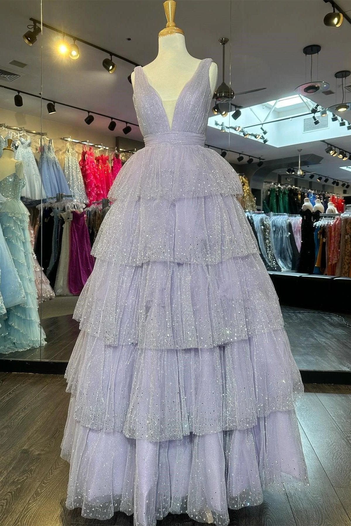 Khloe | Lavender Tulle Sequin V-Neck Ruffle Tiered Long Prom Dress - Image 2