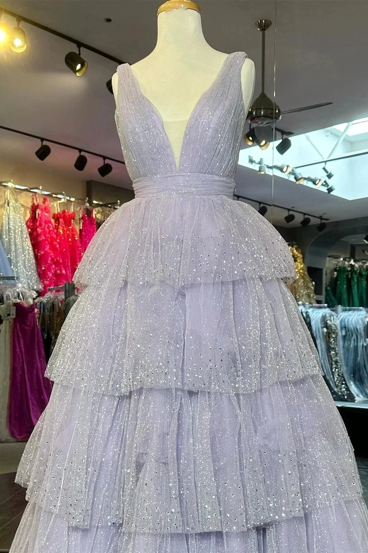 Khloe | Lavender Tulle Sequin V-Neck Ruffle Tiered Long Prom Dress - Image 3