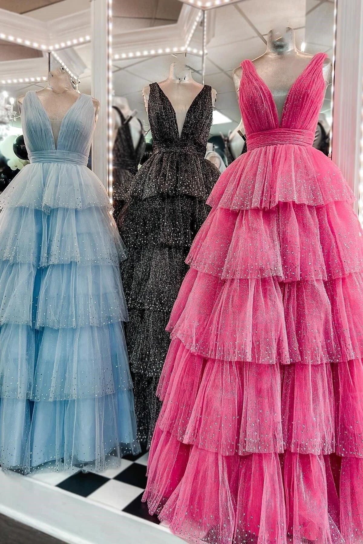 Khloe | Lavender Tulle Sequin V-Neck Ruffle Tiered Long Prom Dress - Image 4