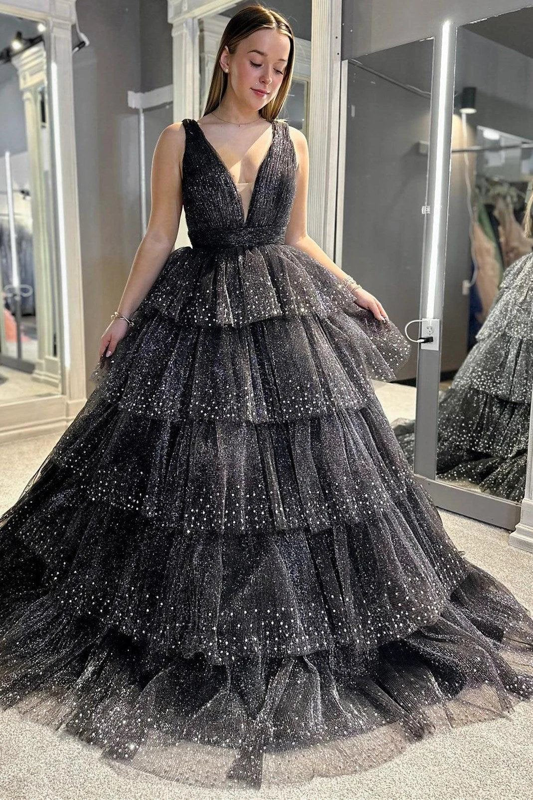 Khloe | Lavender Tulle Sequin V-Neck Ruffle Tiered Long Prom Dress - Image 5