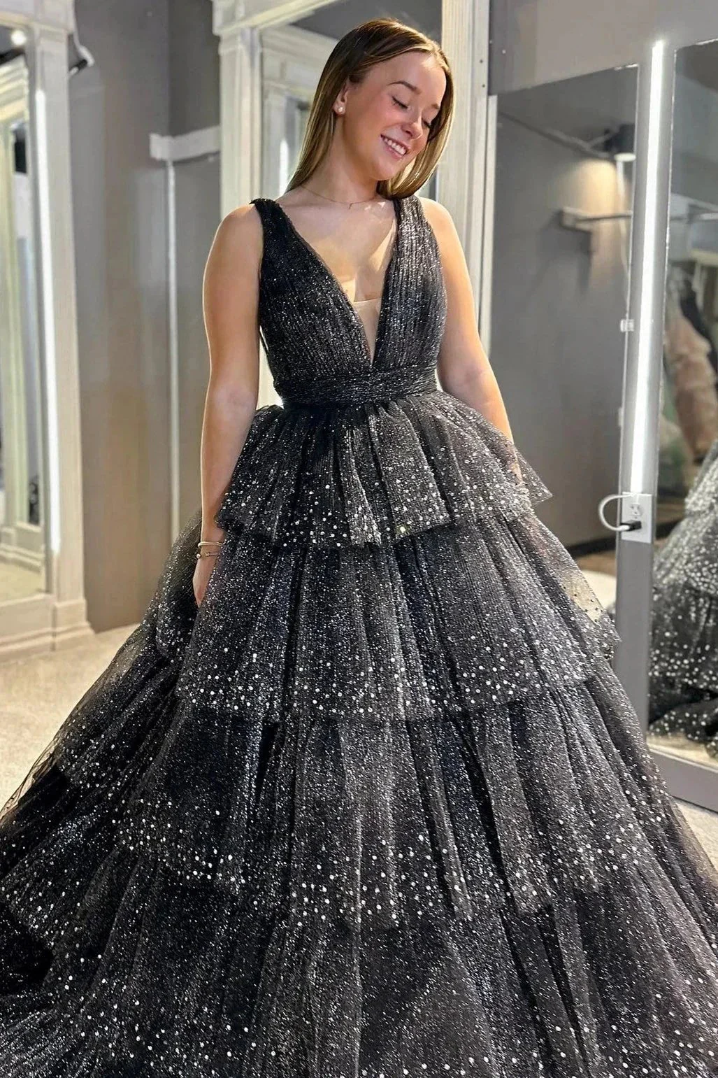 Khloe | Lavender Tulle Sequin V-Neck Ruffle Tiered Long Prom Dress - Image 6