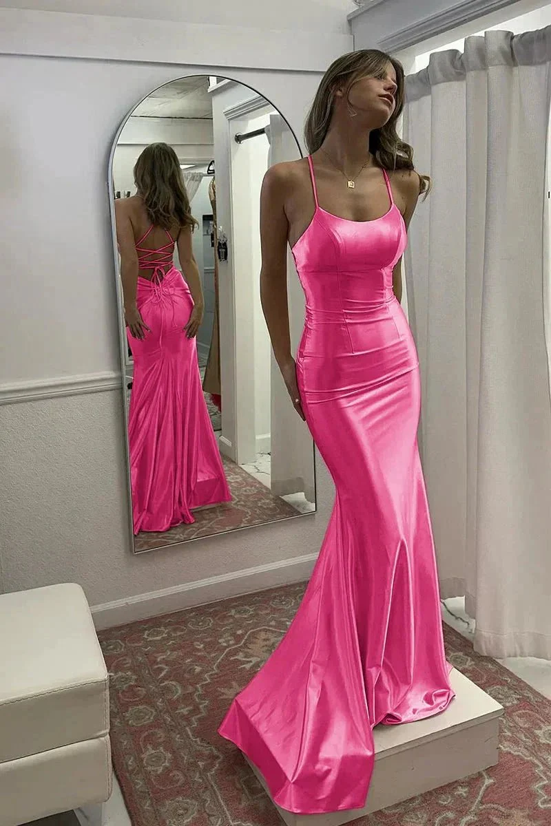 Kimia | Cute Mermaid Scoop Neck Pink Satin Long Prom Dress - Image 4